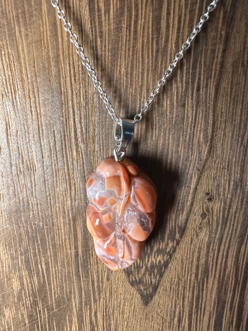 Dark Pink/Salmon Pink “Cotton Candy” Agate Pendant on Silver Plated Chain - Picture 5 of 13